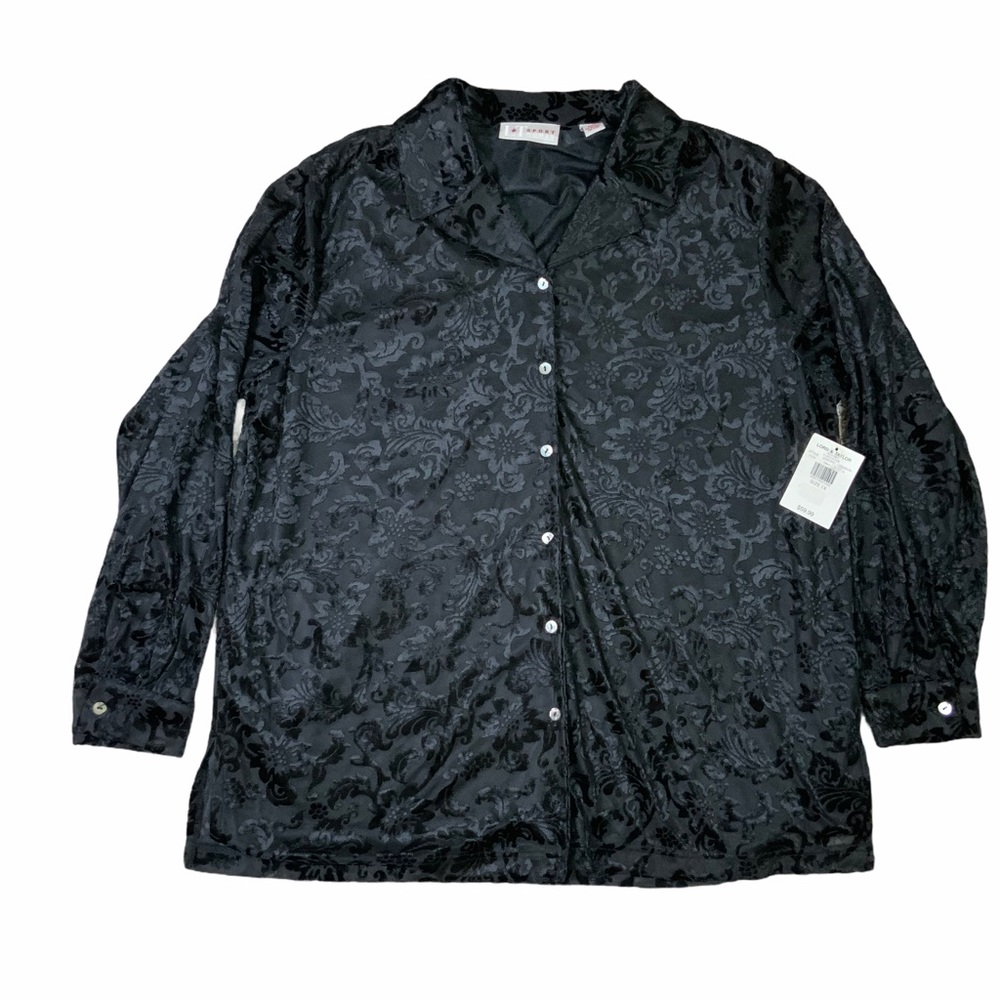 Velvet Burn Out Top Plus Size 1X  LT Sport Black Button Down Holiday Par…